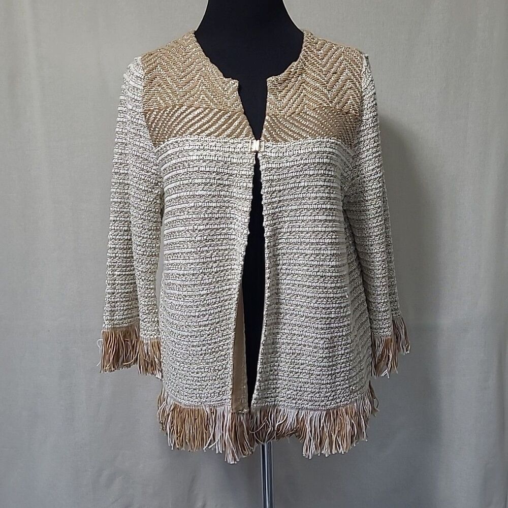 Chicos Knit Cardigan Womens Size 1 Small 8 Fringe Trim Beige Metallic